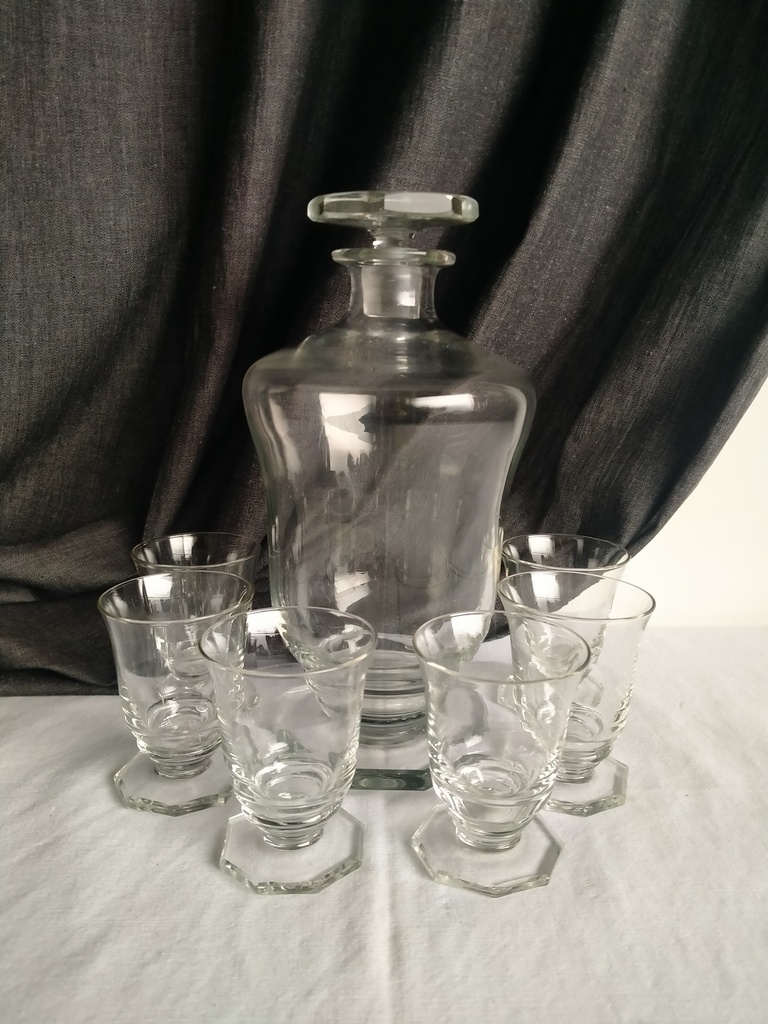 Service à porto en verre cristallin Art Déco pied octogonal 