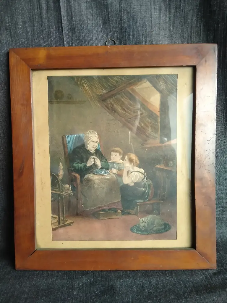 Gravure colorée scène d'intérieur avec une grand-mère et ses petits enfants 