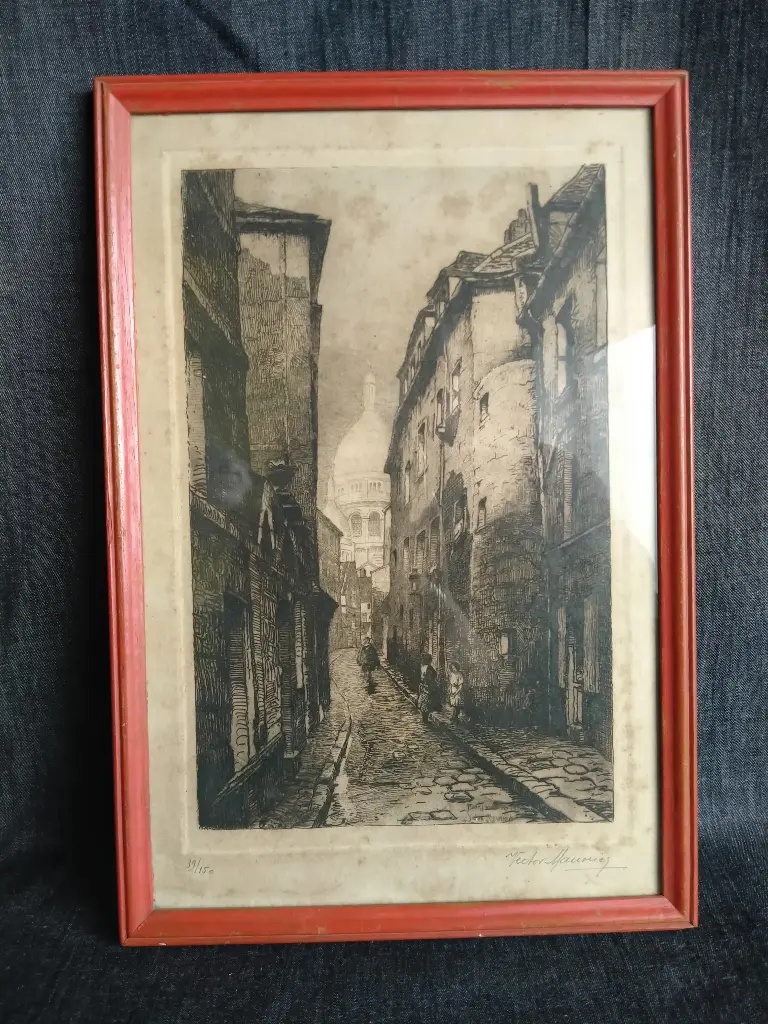 Gravure vue de Montmartre et du Sacré Cœur à Paris Victor Maunier 1929