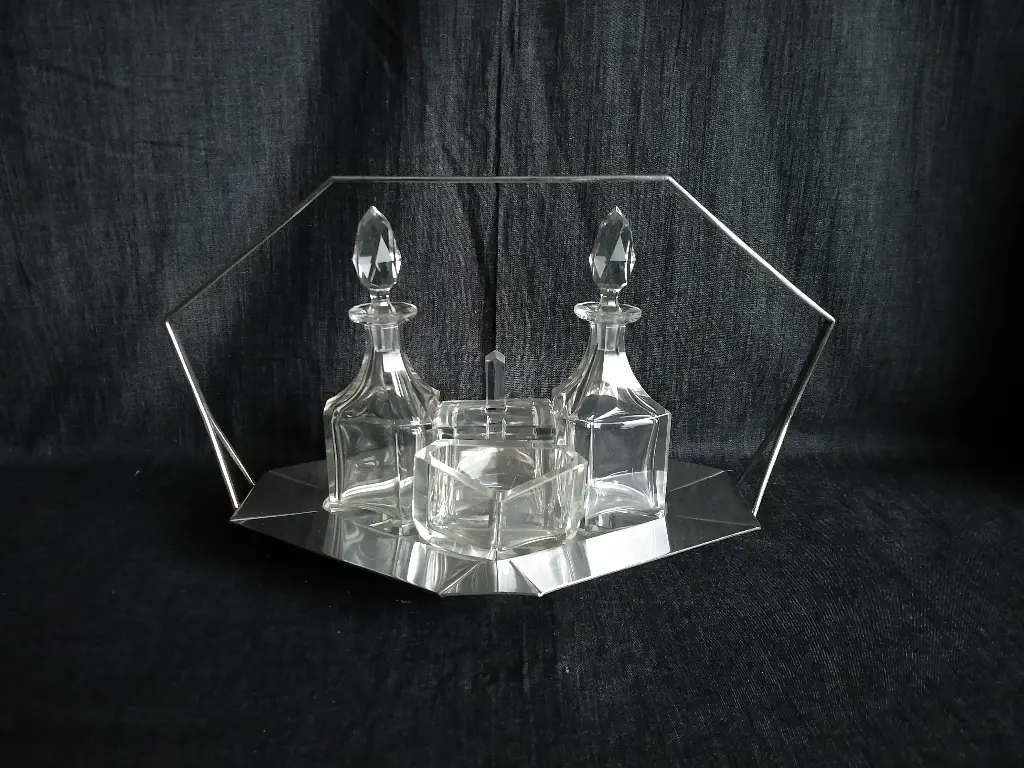 Serviteur à condiments Art Déco en métal argenté et verre taillé 