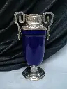 Vase en céramique bleu de Sèvres avec monture en métal argenté Art Déco