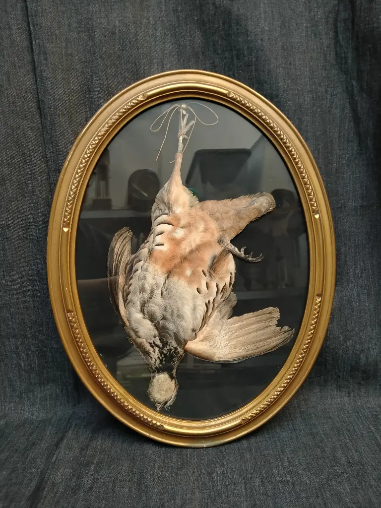 Trophée de chasse à la perdrix lithographie découpée en trompe l’œil 