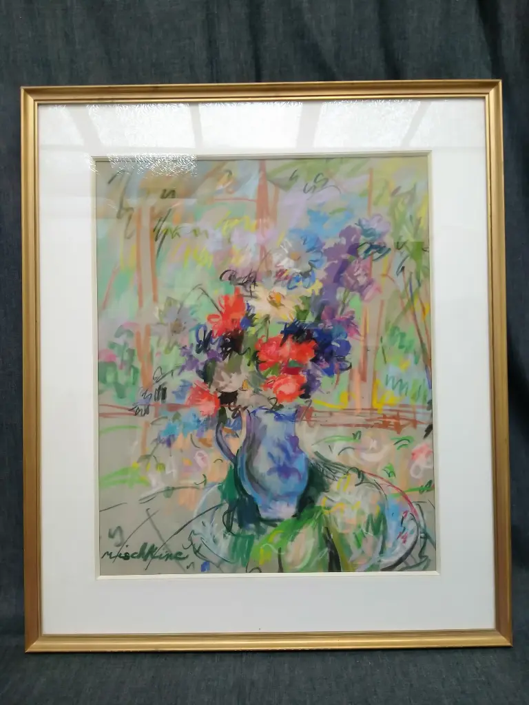 Pastel représentant un bouquet de fleurs signé Olga Mischkine 
