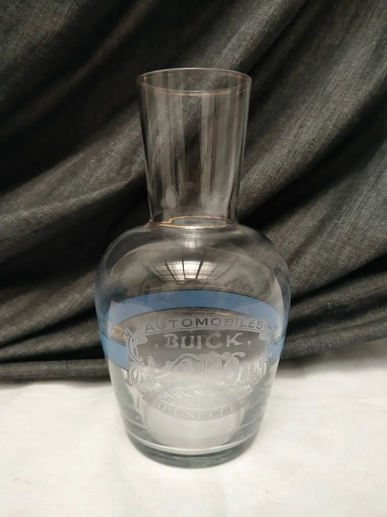 Carafe à eau publicitaire Automobile Buick Paul E. Cousin Bruxelles décor sablé 