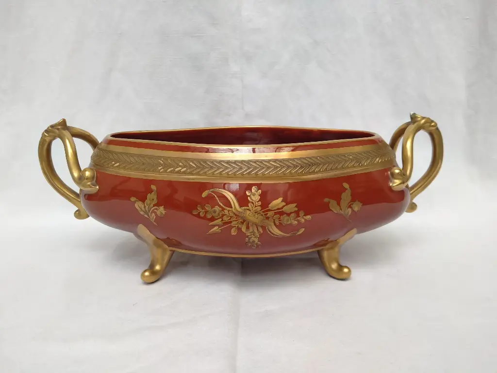 Jardinière en porcelaine de Tours Jaget et Pinon rare fond ocre orange et rehaut or 