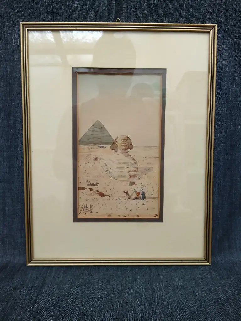 Aquarelle orientaliste Sphinx et pyramide de Gizeh 