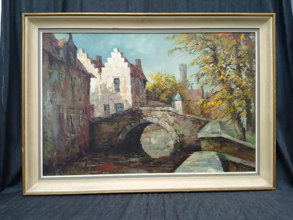 Huile sur toile signée Piet Mees pont de la Peerdenbrug enjambant un canal de Brugges XXe s. école belge