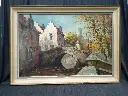 Huile sur toile signée Piet Mees pont de la Peerdenbrug enjambant un canal de Brugges XXe s. école belge