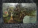 Huile sur panneau représentant une allée boisée au bord de l'eau signée Corot 
