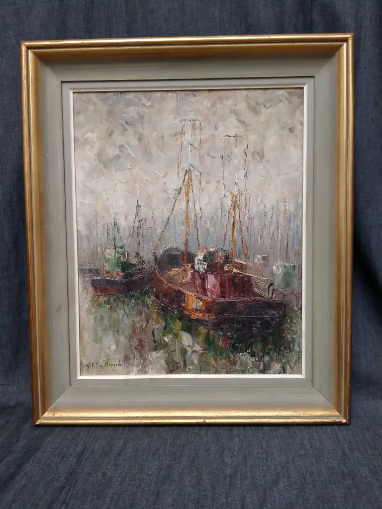 Huile sur toile signée Gilbert Van Den Bossche (école belge) représentant une marine intitulée Chaloupe de pêcheur 