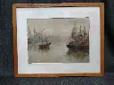 Aquarelle signée Mara Voslinskaia représentant une vue de port