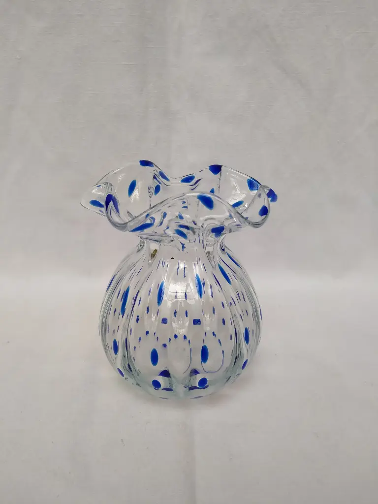 Petit vase Loetz ou Murano transparent et point bleu 