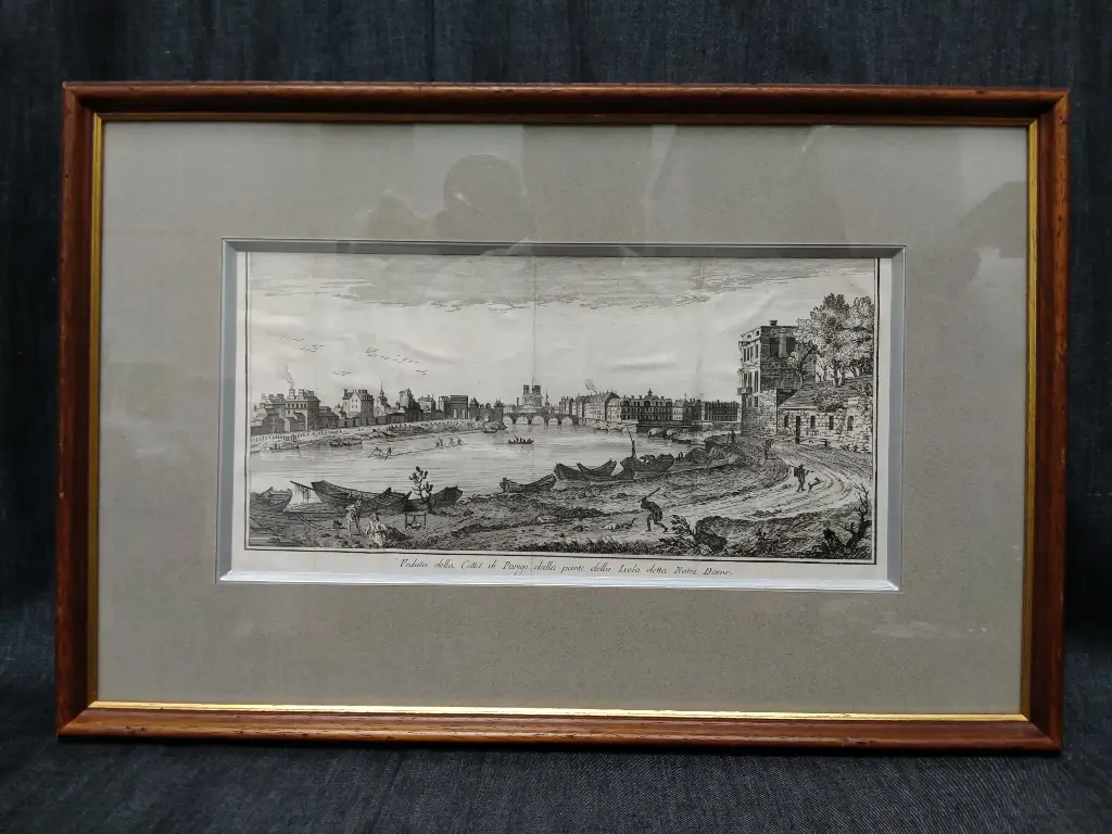 Gravure italienne Vue de la ville de Paris depuis l'île appelé Notre-Dame datant du XVIIIe siècle