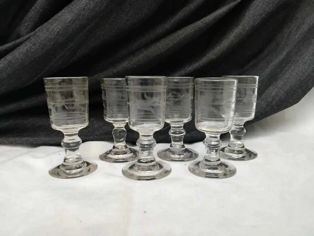 Série de 6 verres à liqueur décor gravé de fougères datant du XIXe siècle 