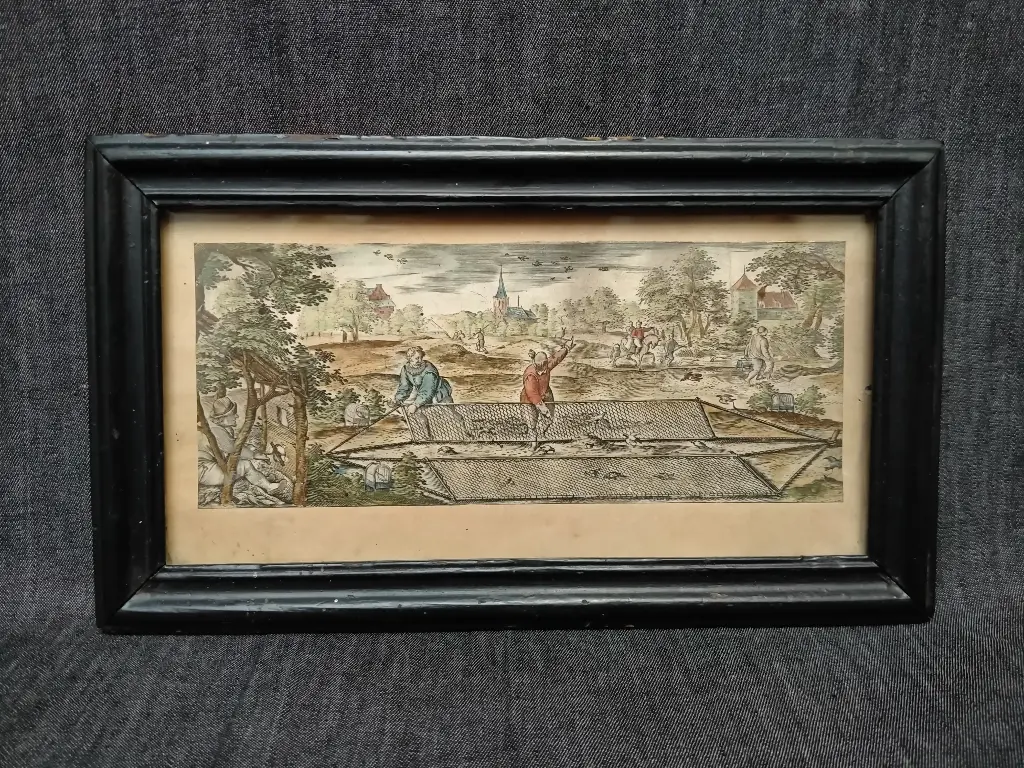 Petite gravure de chasse d'oiseaux au filet datant du XIXe siècle 