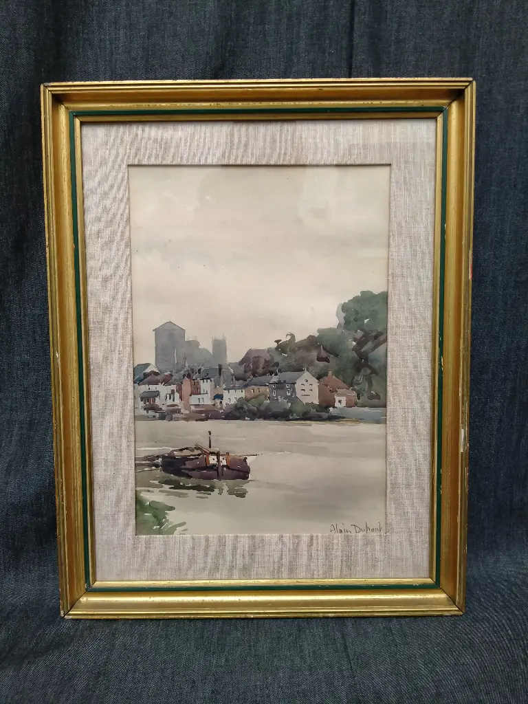 Aquarelle représentant une vue de canal signée Alain Dupont 