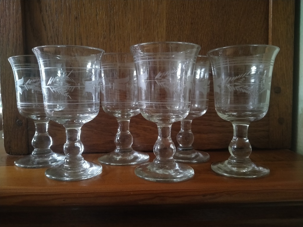 Série de 6 verres à eau gravés, décor fougères