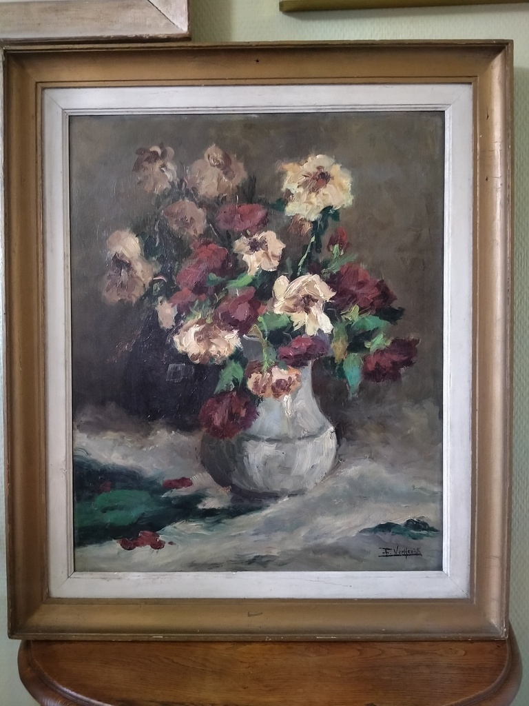 Nature morte aux deux bouquets signée Firmin Verhevick