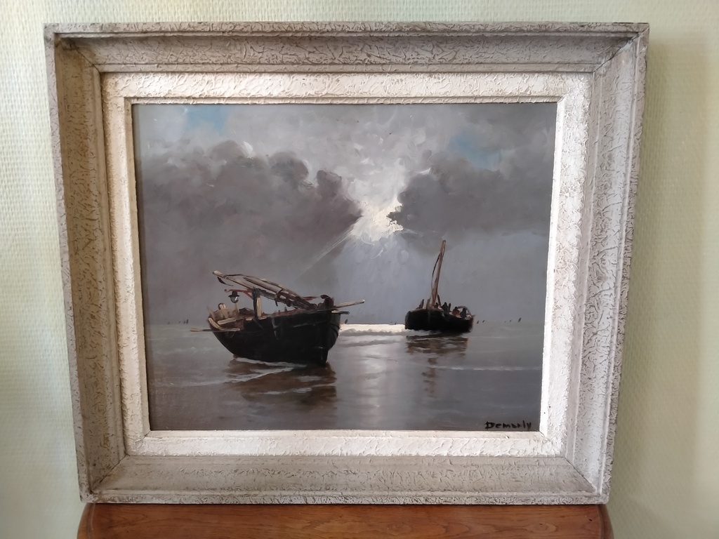 Bateaux échoués sur la plage peinture signée Demarly attribué à l’École de Berck