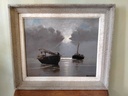 Bateaux échoués sur la plage peinture signée Demarly attribué à l'école de Berck 