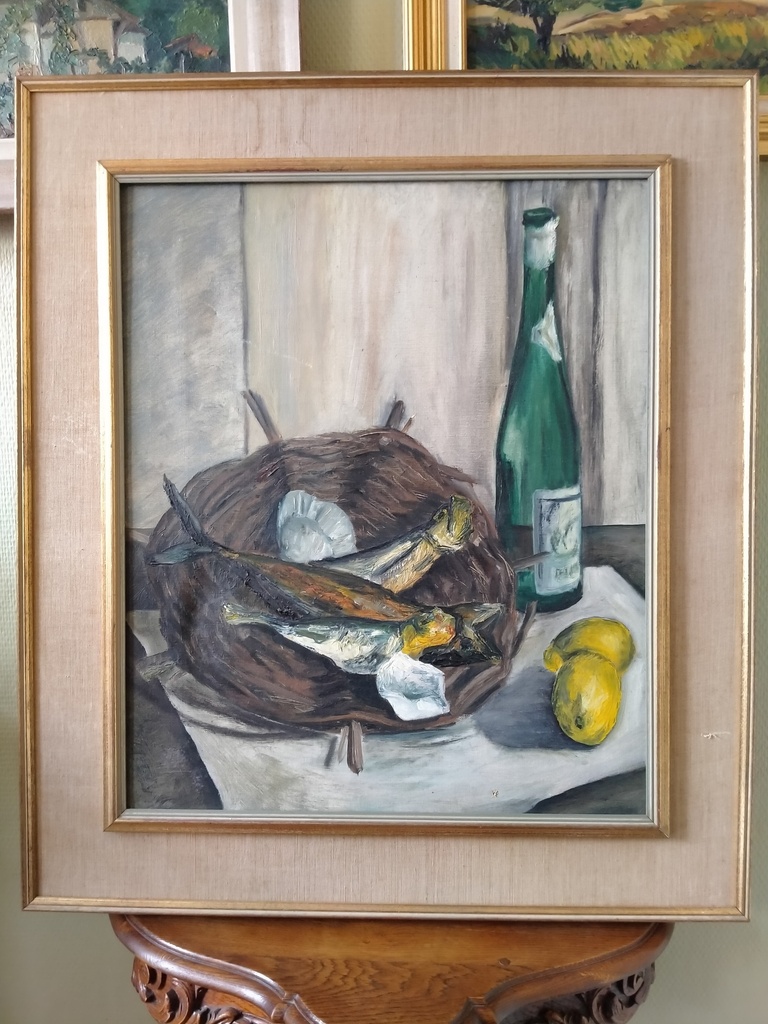 Huile sur toile nature morte aux poissons 