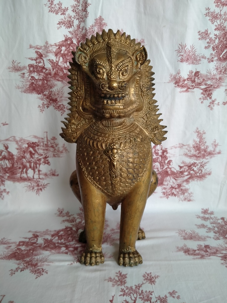 Thaïlande - Lion gardien de temple Singha en bronze doré 