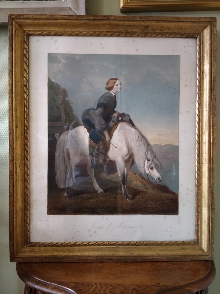 Gravure colorée Soirée d'Automne, Alfred De Dreux et James Posselwhite, Goupil & Cie, femme montant à cheval en amazone