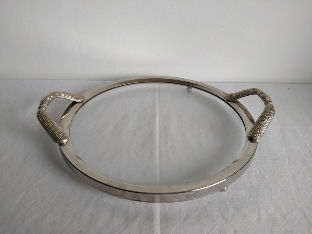 Plateau de service en métal argenté et verre 