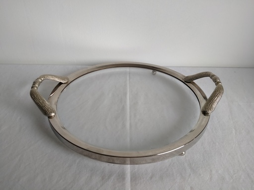 [A095] Plateau de service en métal argenté et verre 