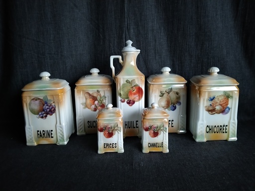 [A045] Série de pots à épices en porcelaine à décor de fruits Victoria Tchécoslovaquie 