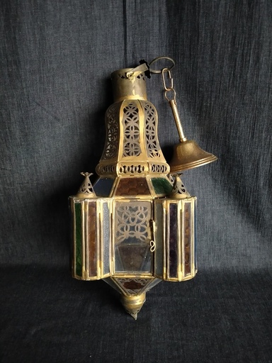 [A048] Ancienne petite lanterne marocaine avec verres colorés  