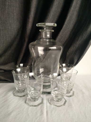 [A017] Service à porto en verre cristallin Art Déco pied octogonal 