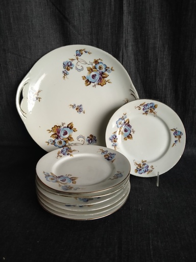 [A119] Service à dessert en porcelaine décor Art Déco de fleurs bleues
