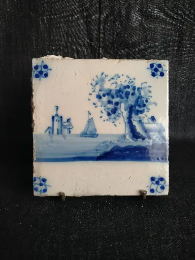 [26001(5)] Carreau en faïence de Delft datant du XVIIIe siècle décor bleu 