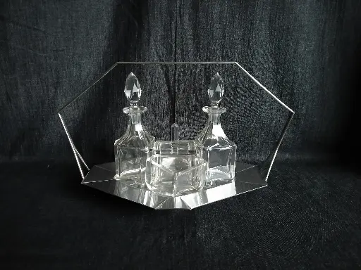[26005] Serviteur à condiments Art Déco en métal argenté et verre taillé 