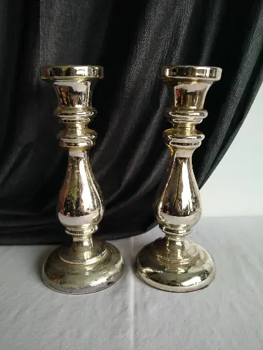 [25091/1] Paire de bougeoirs en verre églomisé datant du XIXe siècle