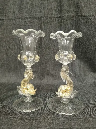 [25091/1] Paire de bougeoirs aux dauphins en verre de Murano attribués à Archimedo Seguso
