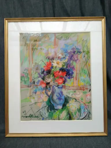 [26035/1] Pastel représentant un bouquet de fleurs signé Olga Mischkine 