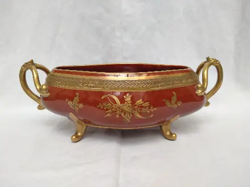 [26028/1] Jardinière en porcelaine de Tours Jaget et Pinon rare fond ocre orange et rehaut or 