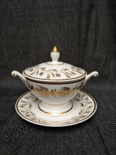[26073] Sucrier en porcelaine de Paris époque Empire sur présentoir avec son couvercle 