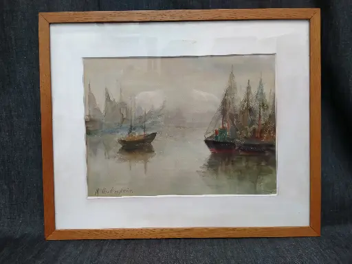 [26081] Aquarelle signée Mara Voslinskaia représentant une vue de port