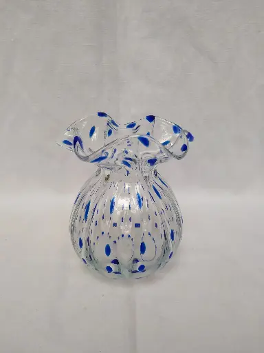 [26080] Petit vase Loetz ou Murano transparent et point bleu 