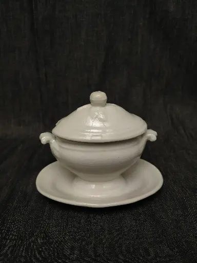 [26091] Ancien moutardier en faience Keller et Guérin Luneville en forme de soupière 