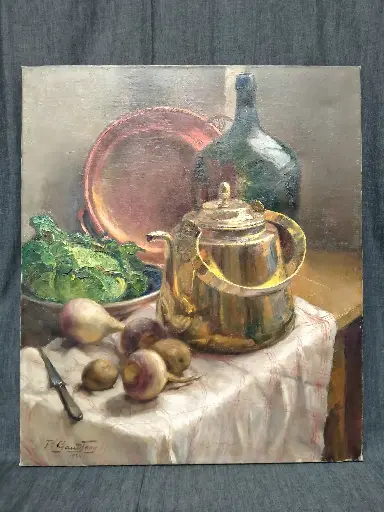 [26083/1] Nature morte à la bouilloire signée Fernand Gaudfroy datée de 1934