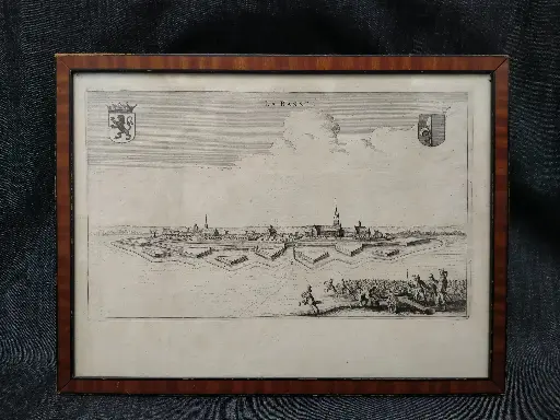 [26092/1] Gravure vue de la Bassée datant du XVIIe siècle extrait du Novum ac magnum theatrum urbium Belgicae Regiae Joan Blaeu Amsterdam 
