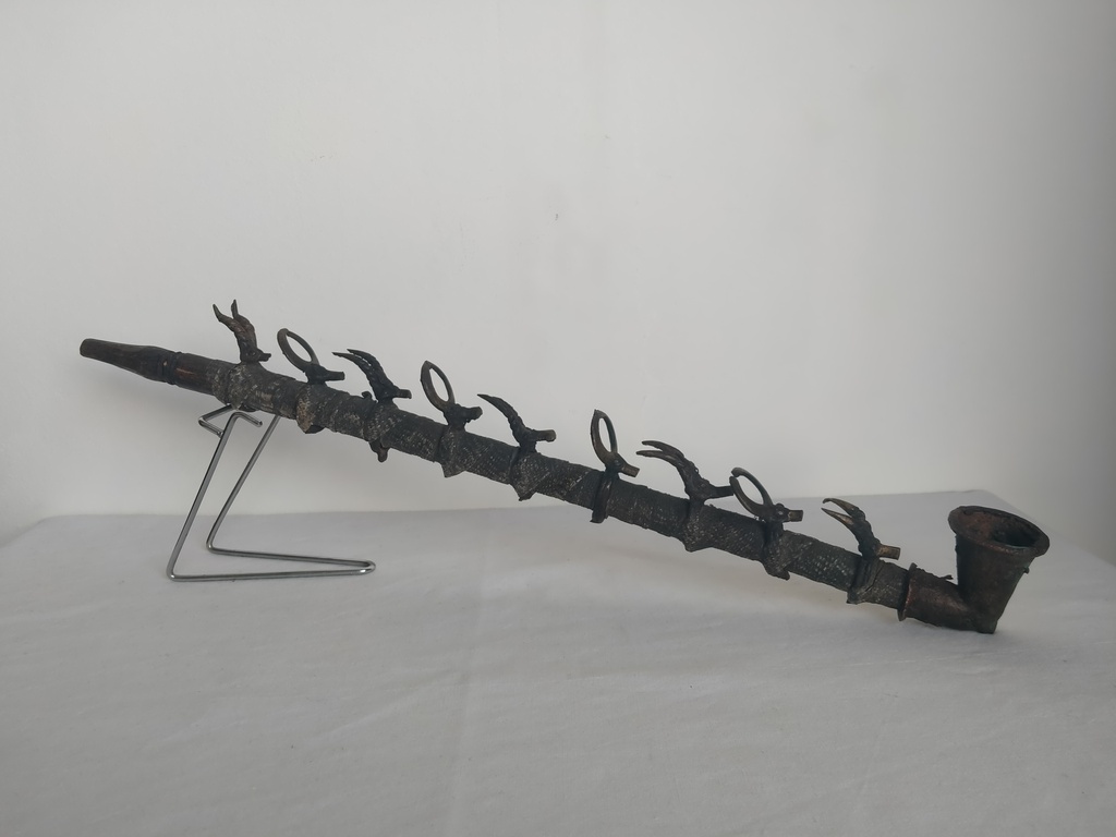 Pipe Rituelle Africaine Ancienne - Bois Et Bronze - Sculpture Ethnique Fait Main