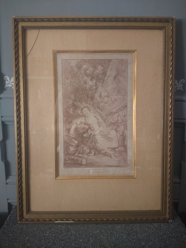 [A101] Gravure à la sanguine, Deux Amants, François Boucher, Gilles Demarteau, XVIIIe siècle
