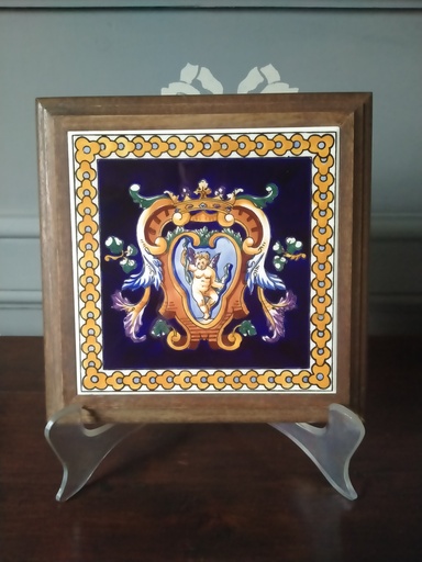[24028] Dessous de plat avec carreau en faïence de Gien décor renaissance bleu