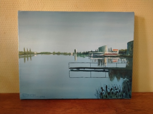 [24052] Huile sur toile vue du lac de Vichy signé Christian Charrade 