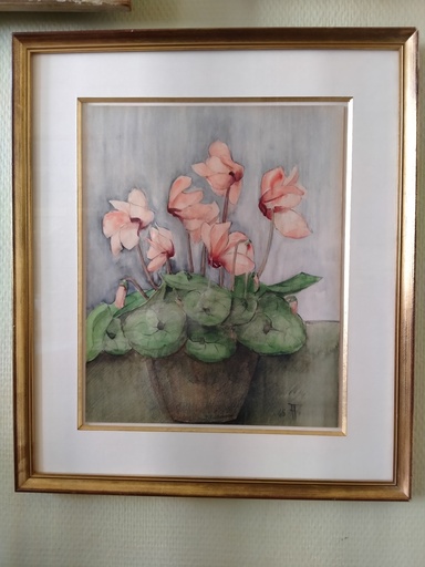 [25032] Cyclamens technique mixte signée Claire Sentgen Feierisen 